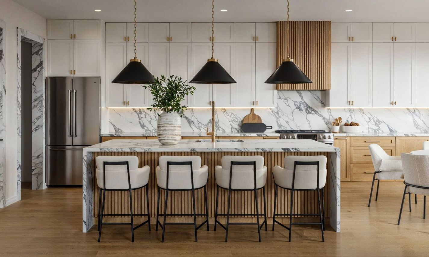 Modern Minimalist Kitchen with Marble Accents by top Orlando interior designers