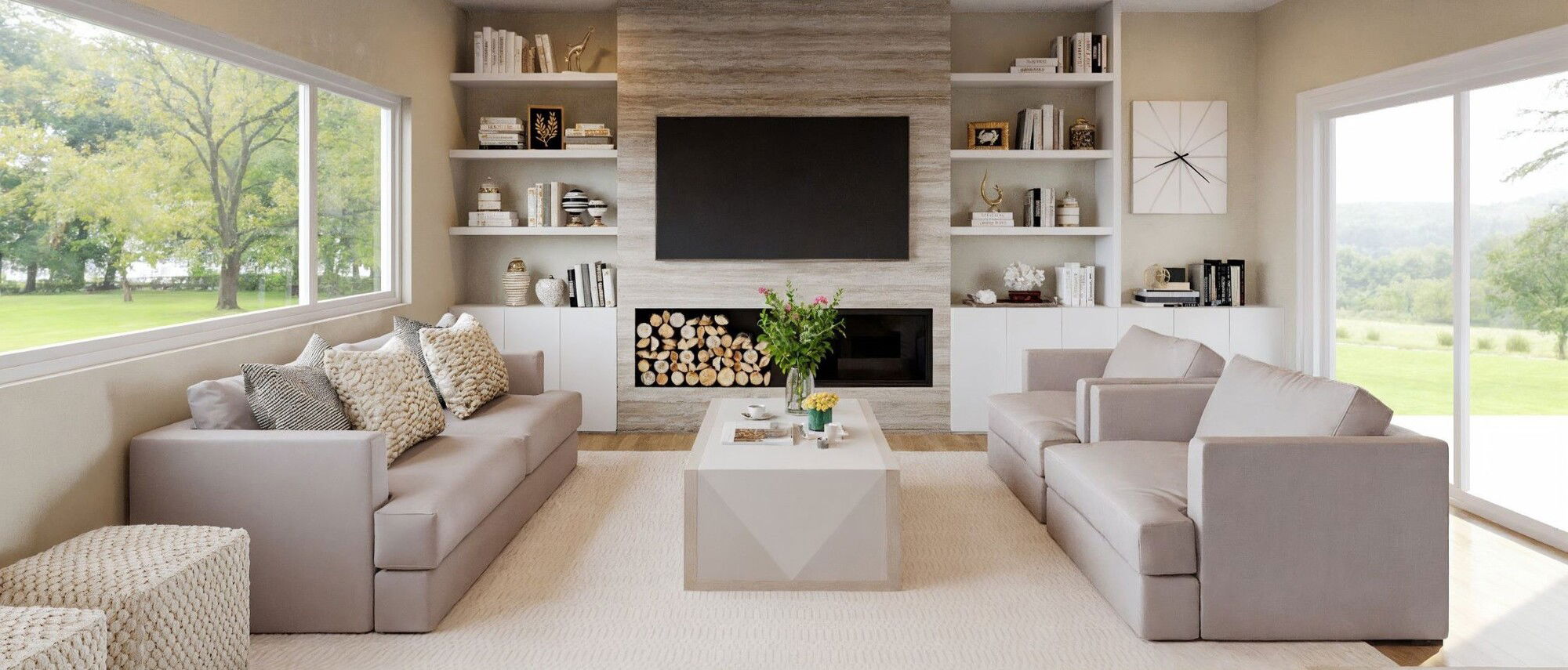 Neutral Sleek & Cozy Living Room Design- After Rendering