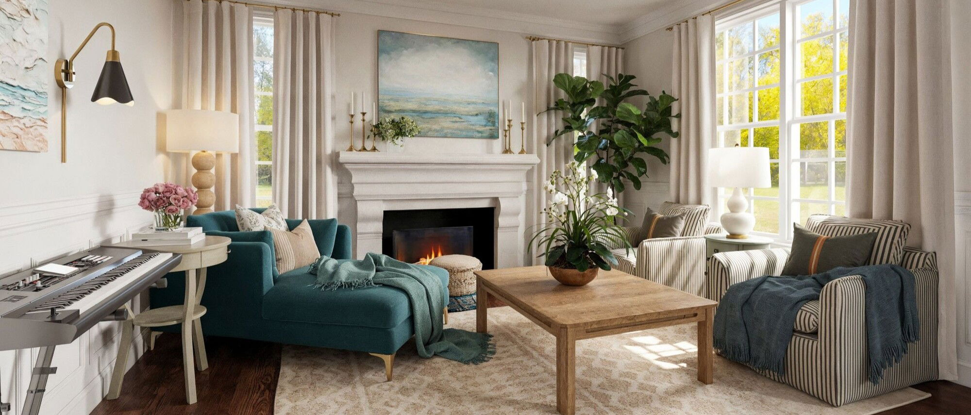 Cozy and Elegant Living Room with Fireplace- After Rendering