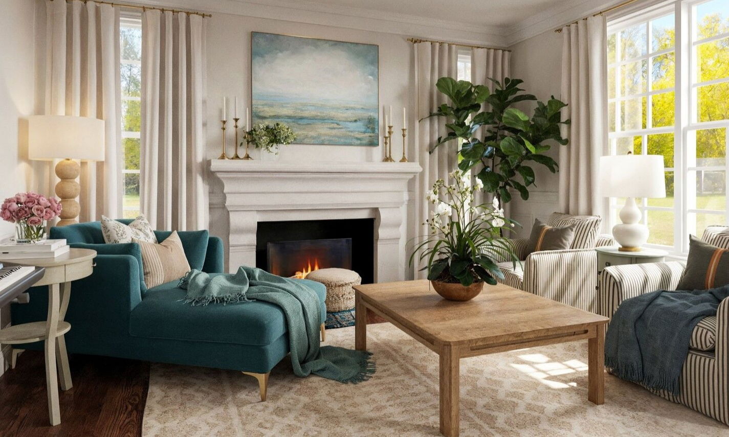 Cozy and Elegant Living Room with Fireplace by interior designers in Springfield, Massachusetts