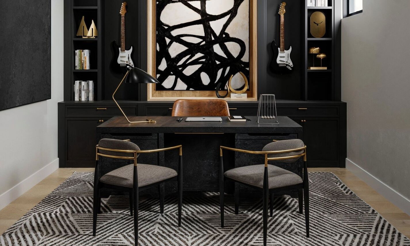 Black Masculine Basement Office Design by affordable Chicago interior designers