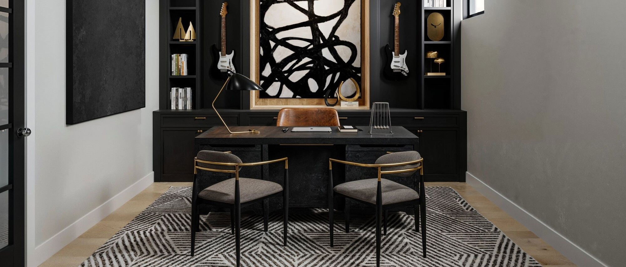 Black Masculine Basement Office Design by affordable Chicago interior designers