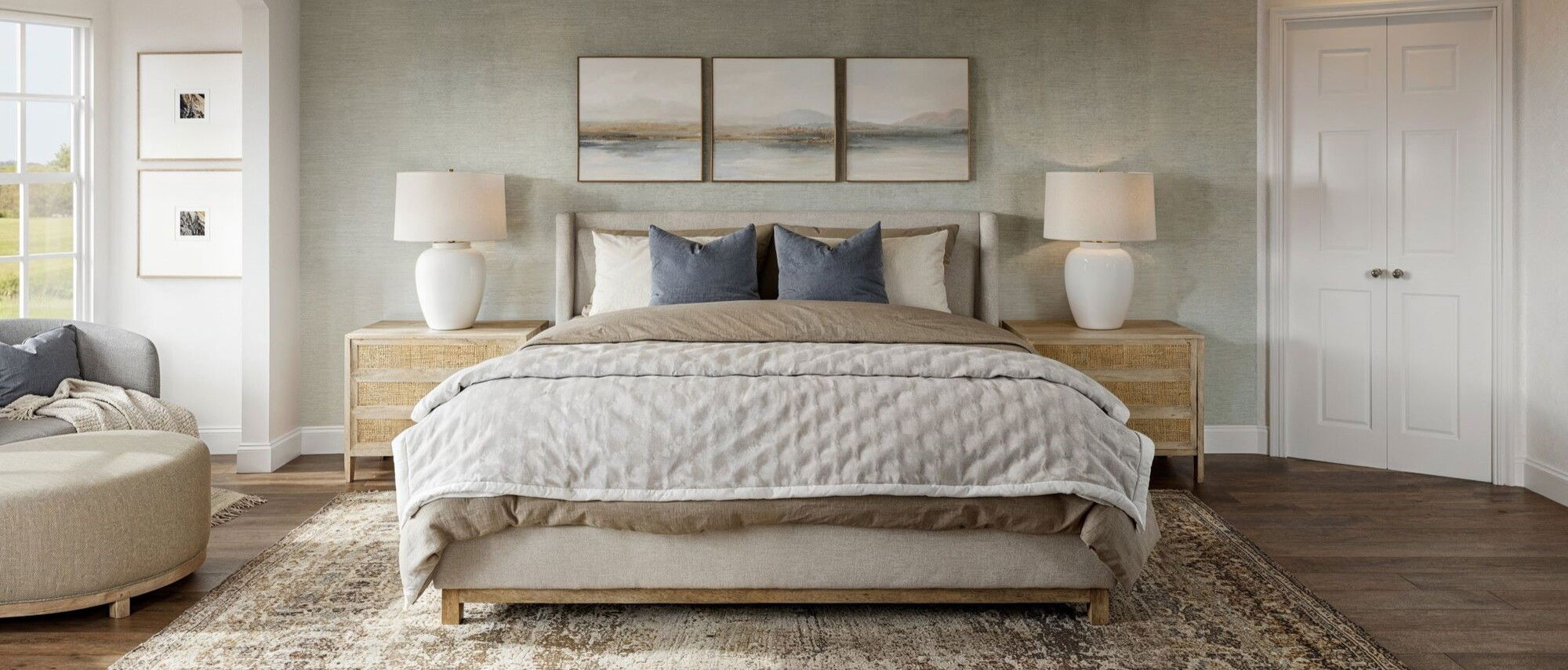 Cozy Beach Primary Bedroom by interior designers in Dallas, Texas