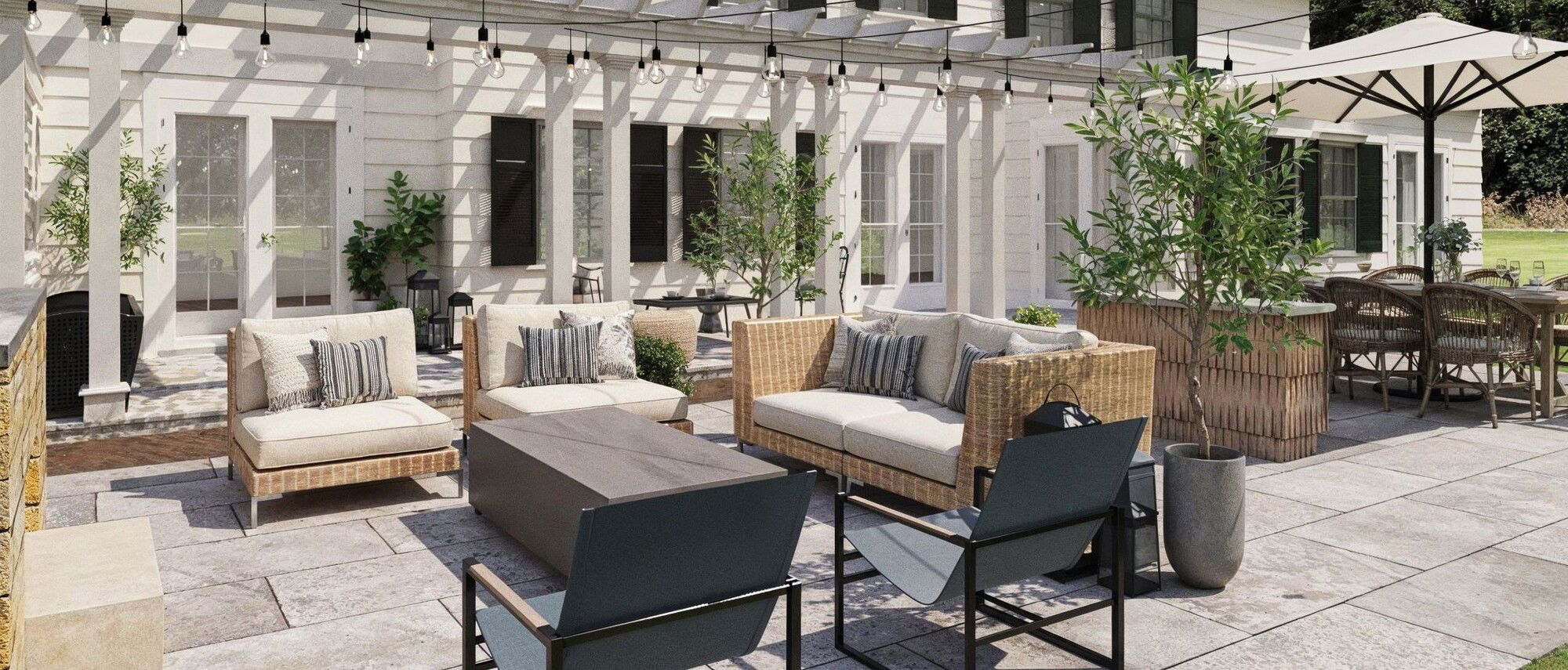 Patio de piedra azul con chimenea y porche cubierto - Renderizado después