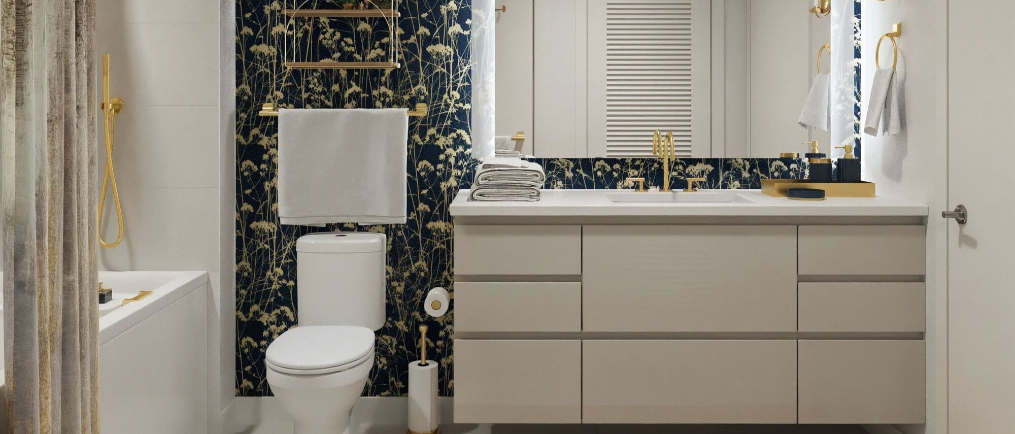Baño Glamuroso con Idea de Diseño de Papel Tapiz Floral- Renderizado Después