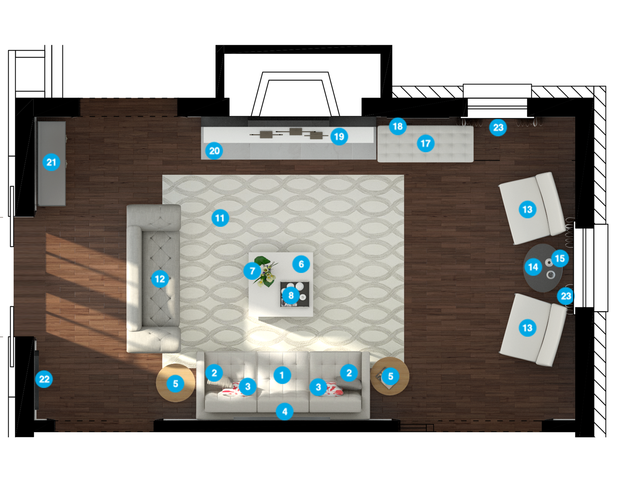 Plano de planta de sala de estar en línea