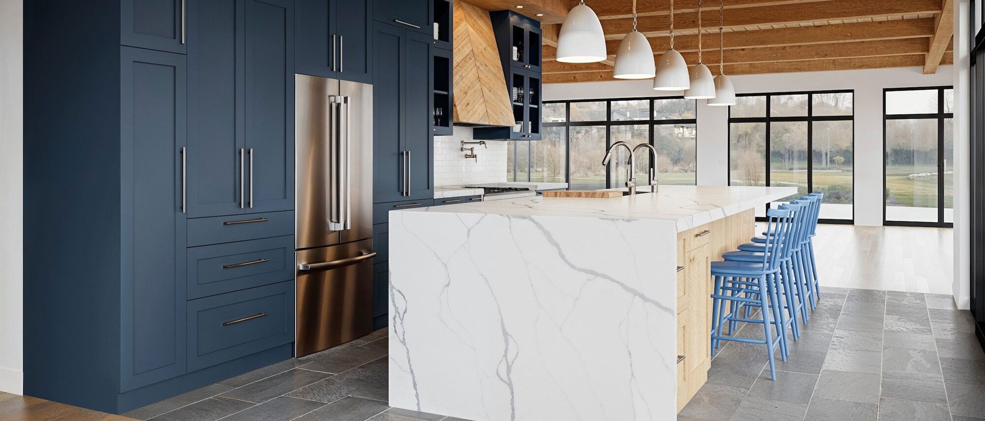 Wooden Ceiling Transitional Kitchen Remodel by interior designers in Boston, Massachusetts