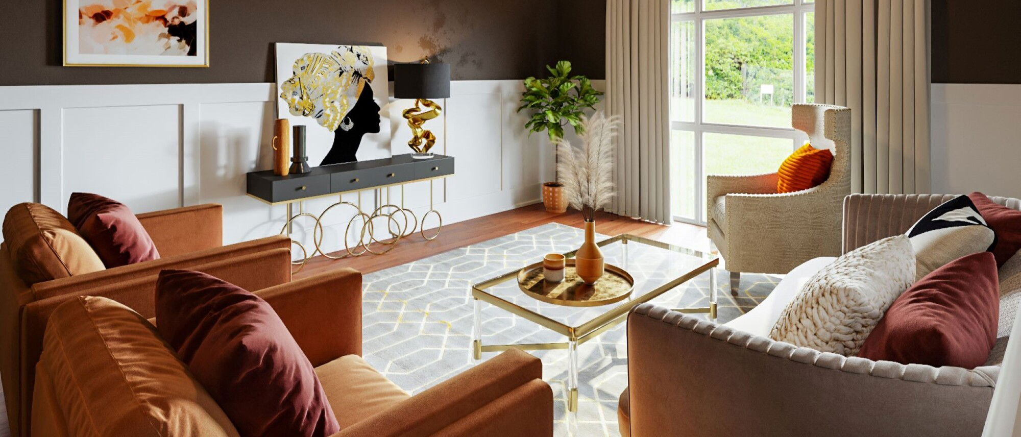 Artsy Glamorous Living Room Interior Design  by interior designers in Atlanta, Georgia