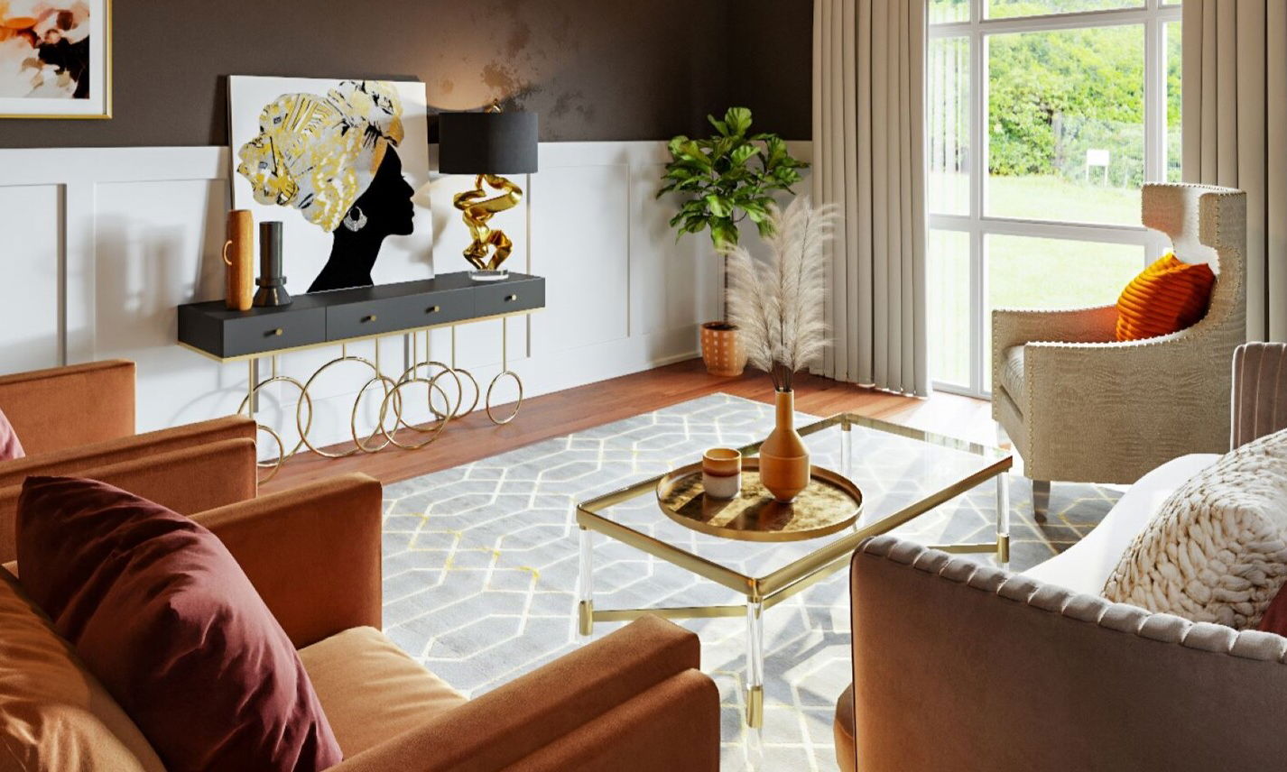 Artsy Glamorous Living Room Interior Design by interior designers in Sandy Springs, Georgia