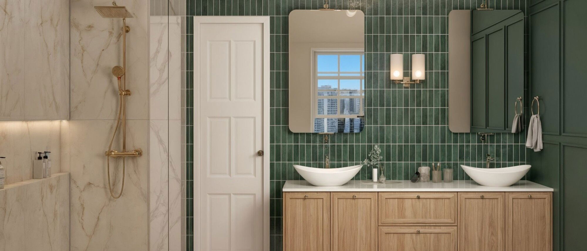 Remodelación de Baño Contemporáneo de Lujo Verde y Oro - Renderizado Después