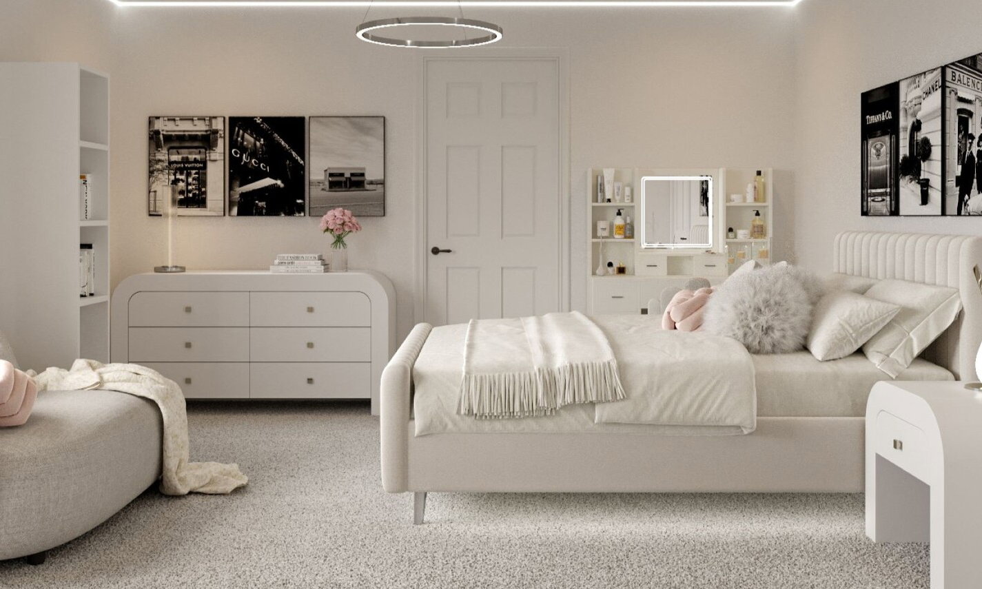 Dormitorio moderno de adolescente trendy con acentos elegantes por diseñadores de interiores asequibles de Bridgeport