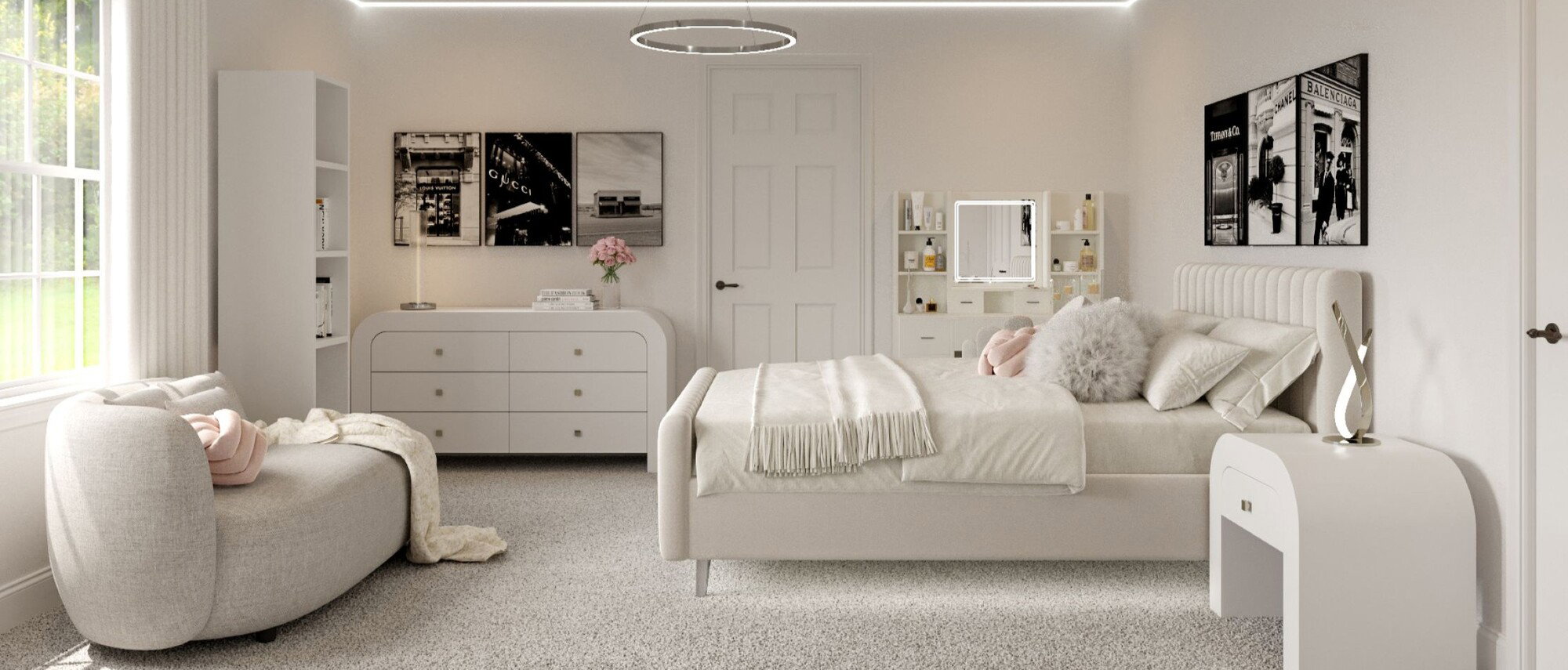 Dormitorio moderno de adolescente trendy con acentos elegantes por diseñadores de interiores asequibles de Bridgeport