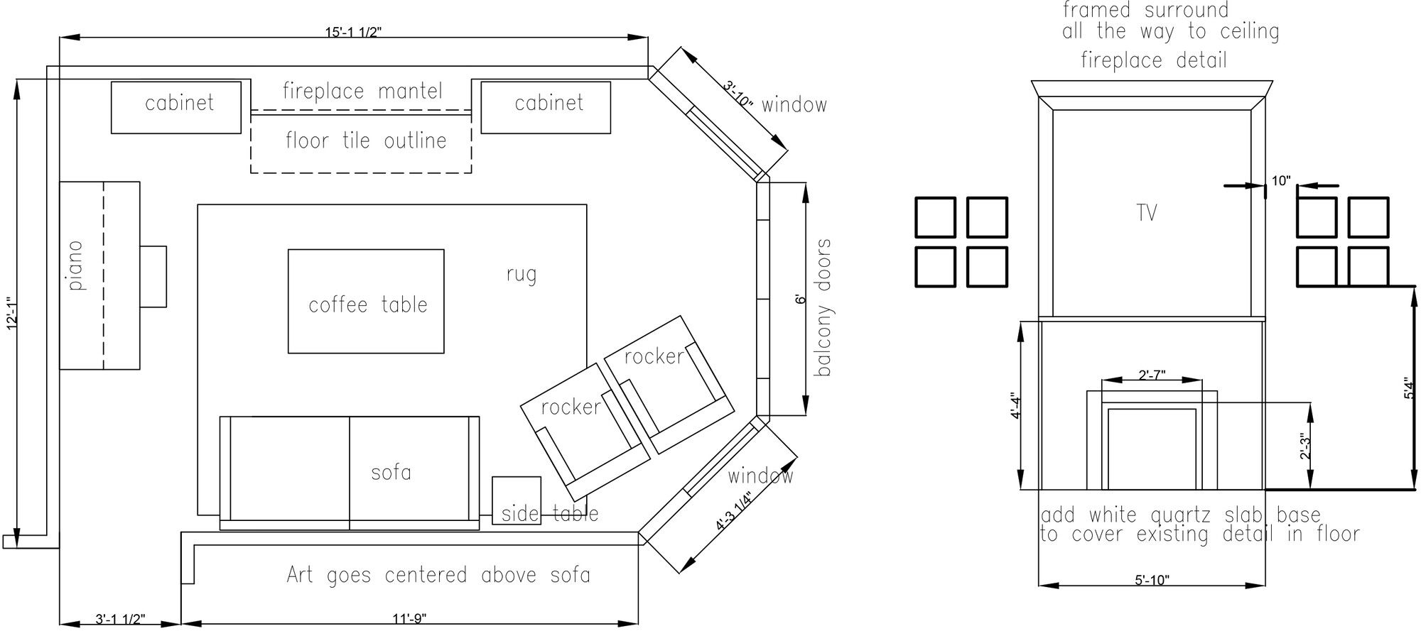 Plano de planta de sala de estar en línea