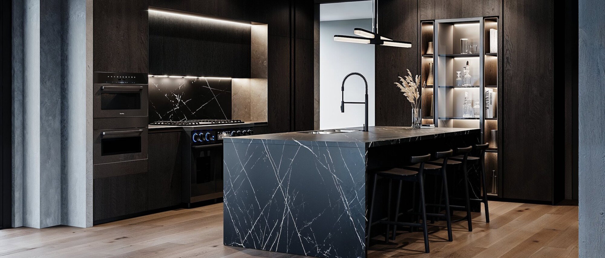 All Black Marble Kitchen Design by affordable Pasadena interior designers