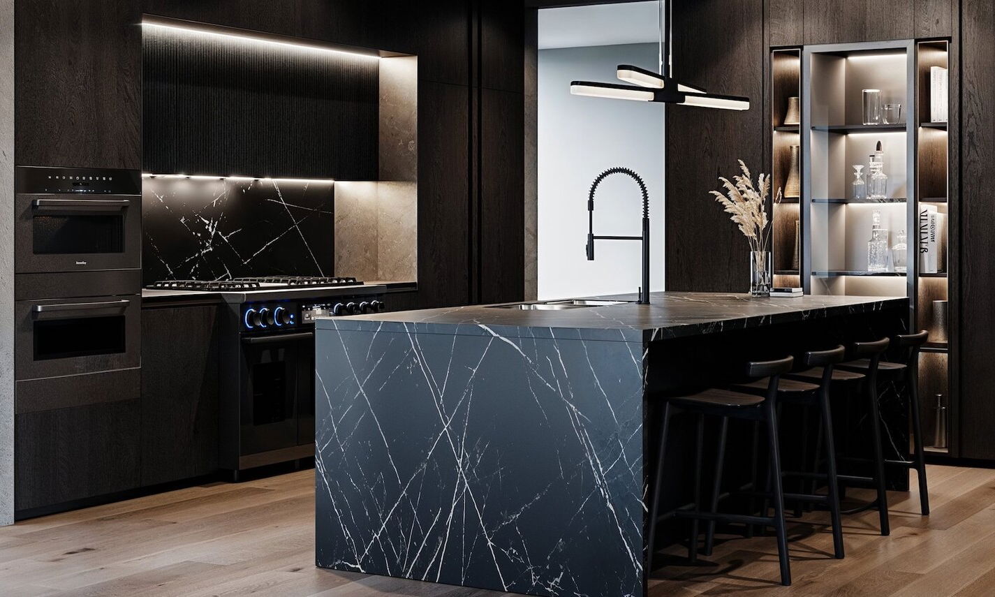 All Black Marble Kitchen Design by interior designers in Corona, California