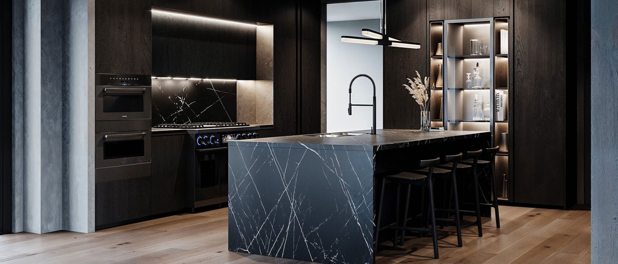 All Black Marble Kitchen Design by interior designers in Orange County, California