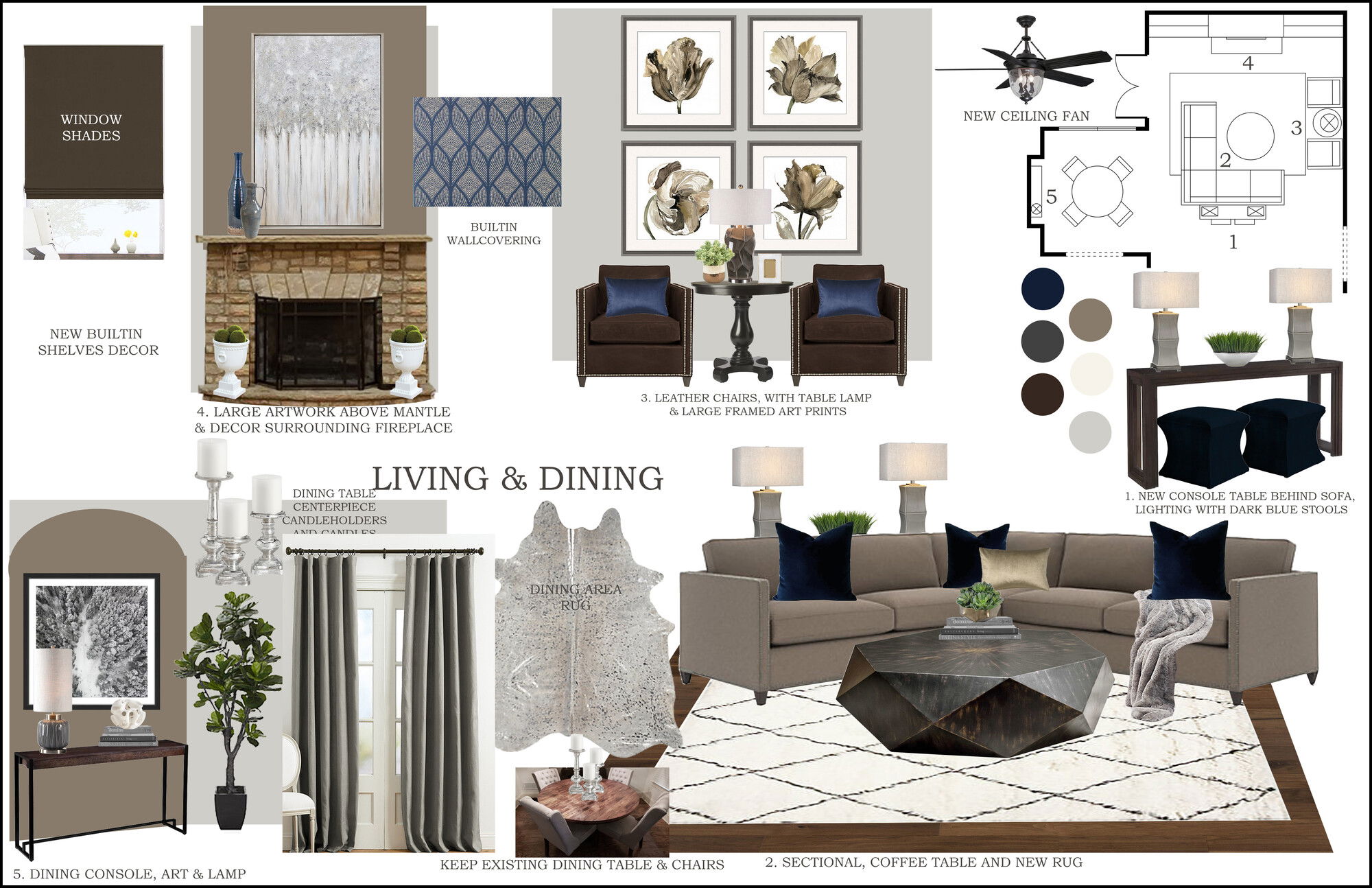 Ideas de Diseño de Interiores Combinadas de Sala-Comedor del Diseñador en Línea