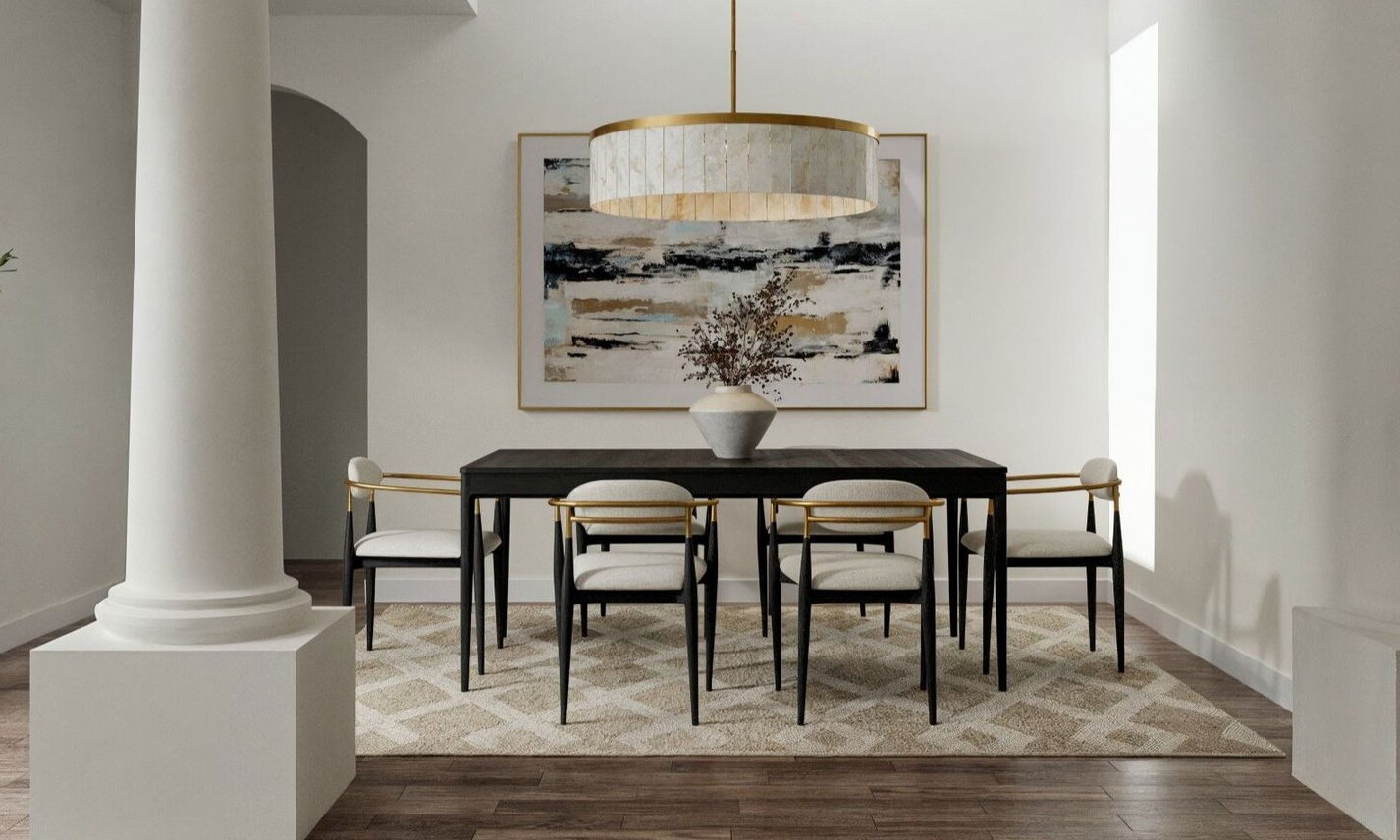 Combinación moderna de sala de estar y comedor neutro por diseñadores de interiores en Renton, Washington