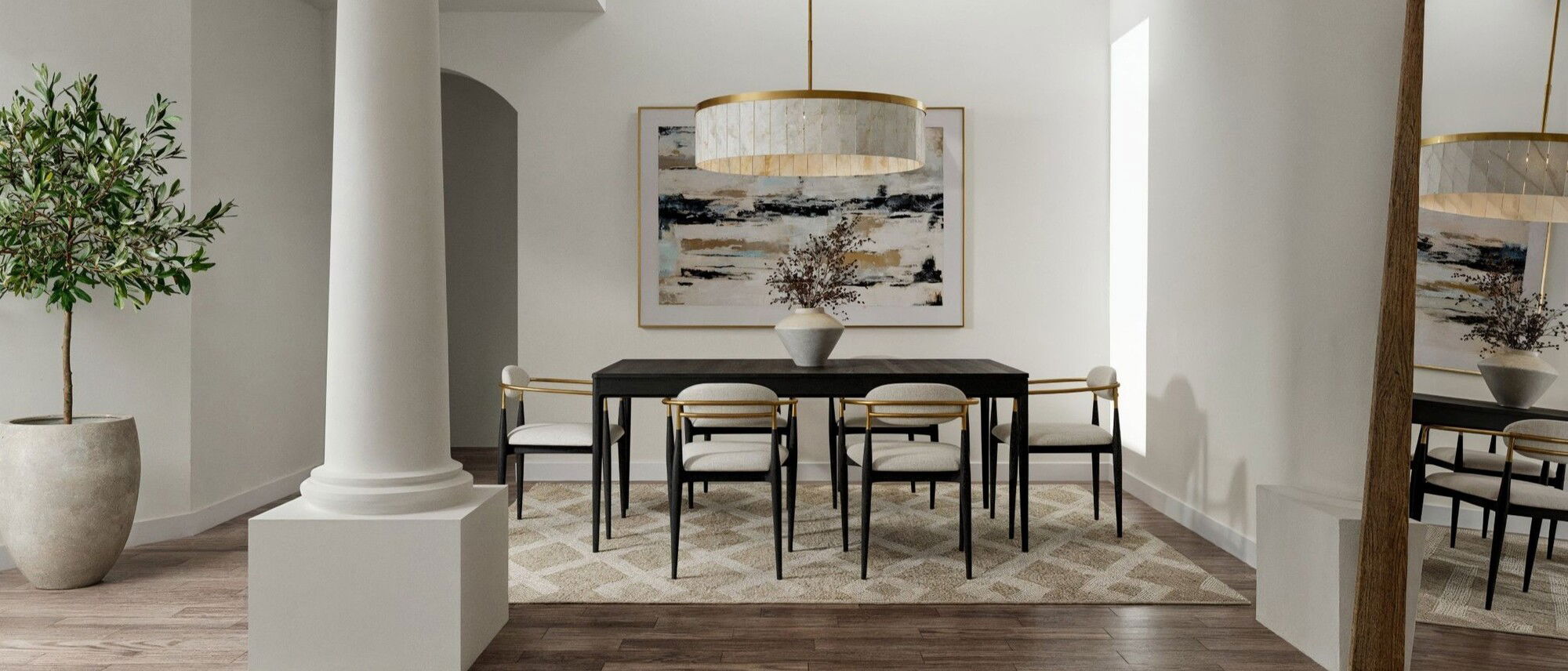 Combo de sala y comedor neutros modernos por diseñadores de interiores en Seattle, Washington