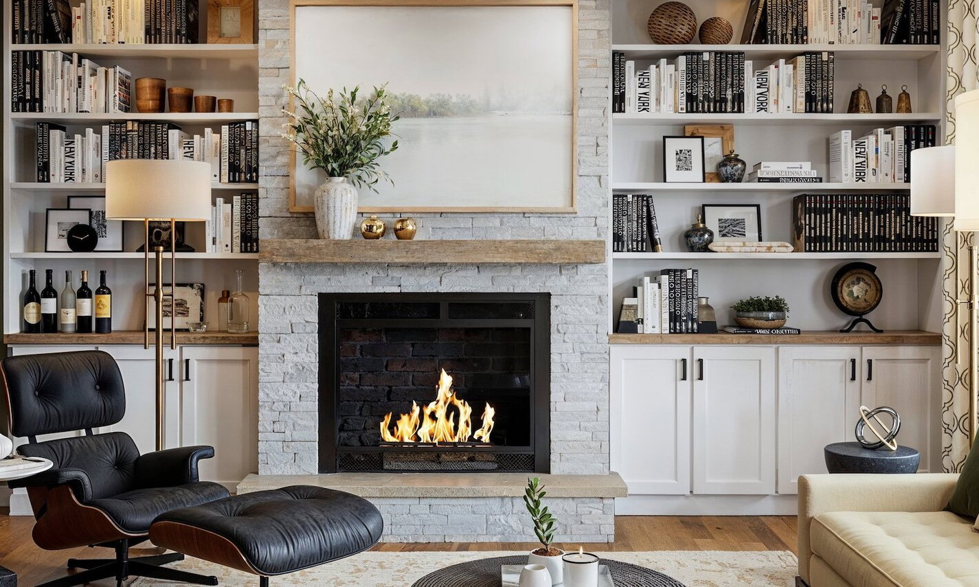 Green Walls Transitional Living Room Design by interior designers in Syracuse, New York