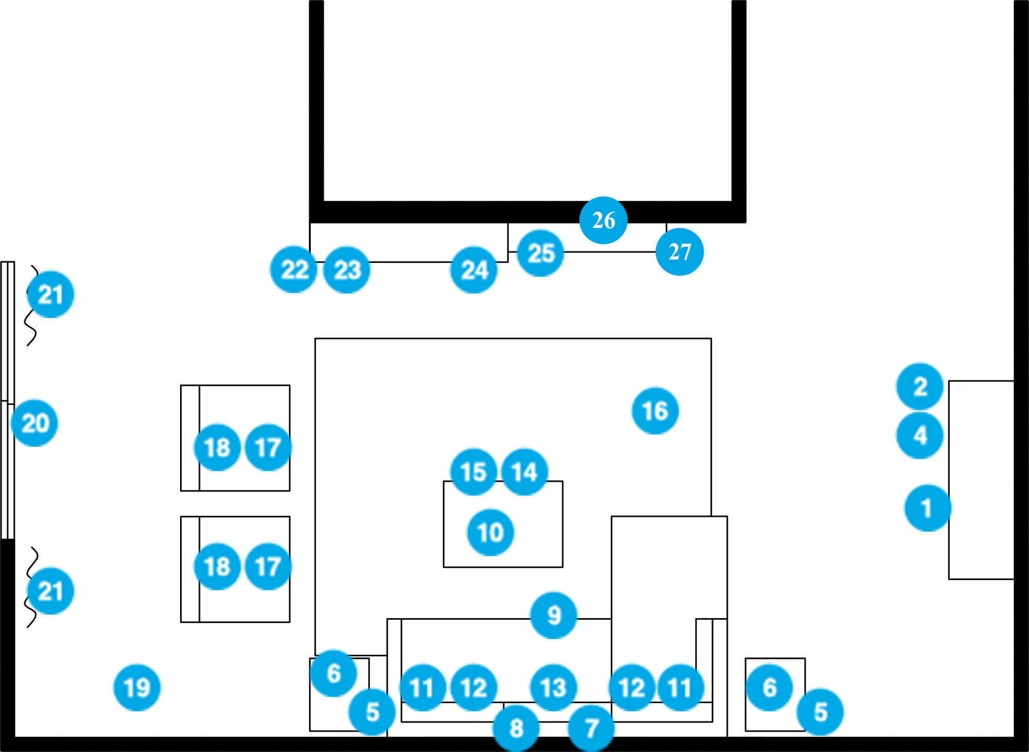 Plano de planta de sala de estar en línea