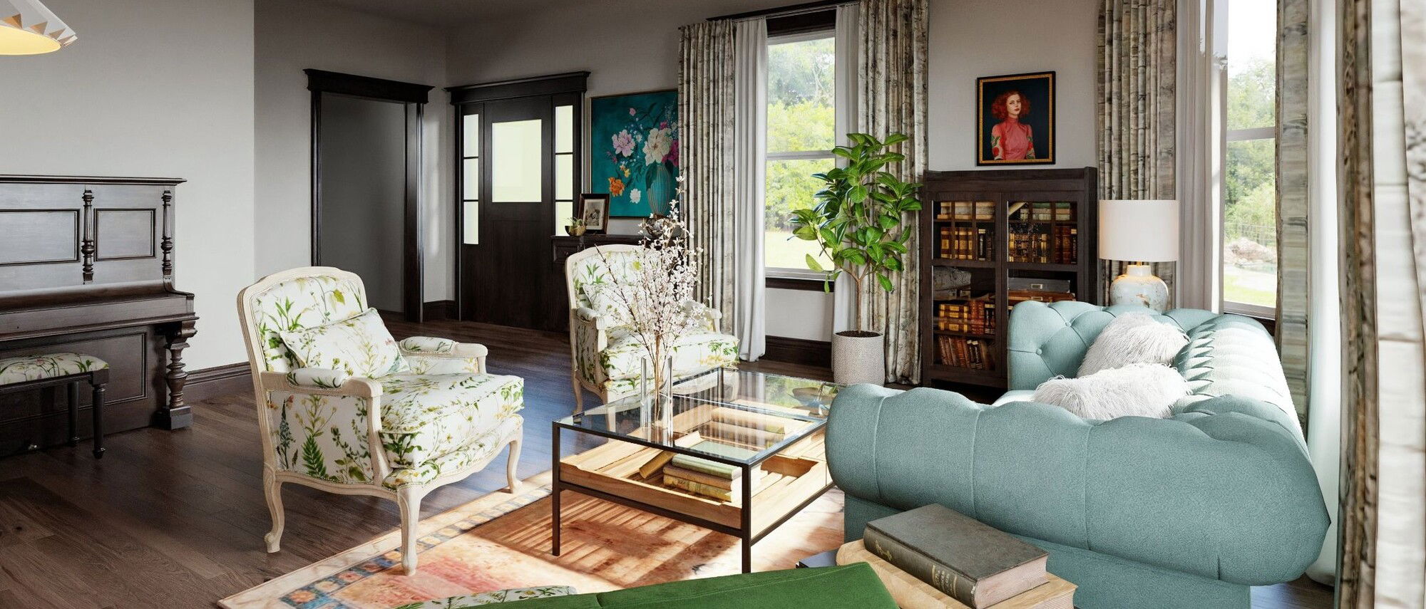 Eclectic Parlor Room with Vintage Piano by interior designers in Fresno, California