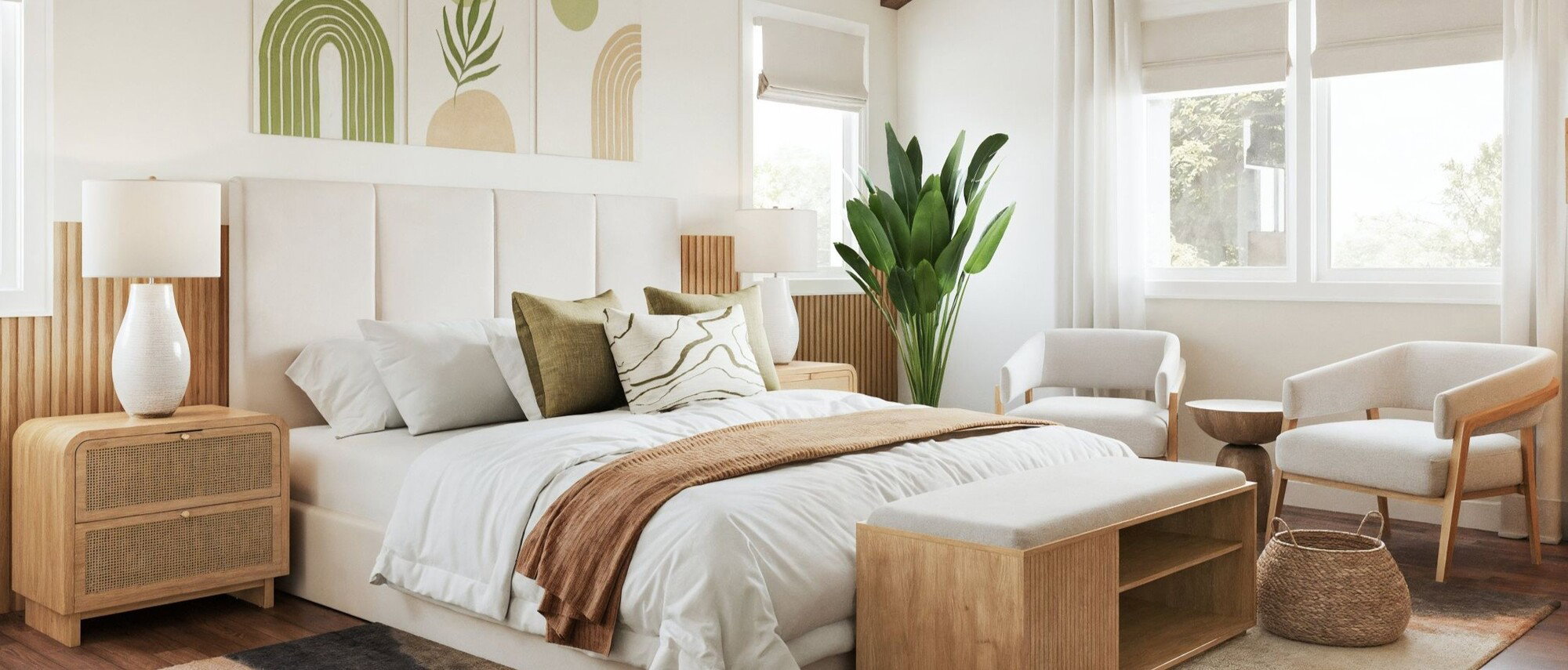 Modern Earthy Bedroom Design with Natural Accents by affordable Connecticut interior designers