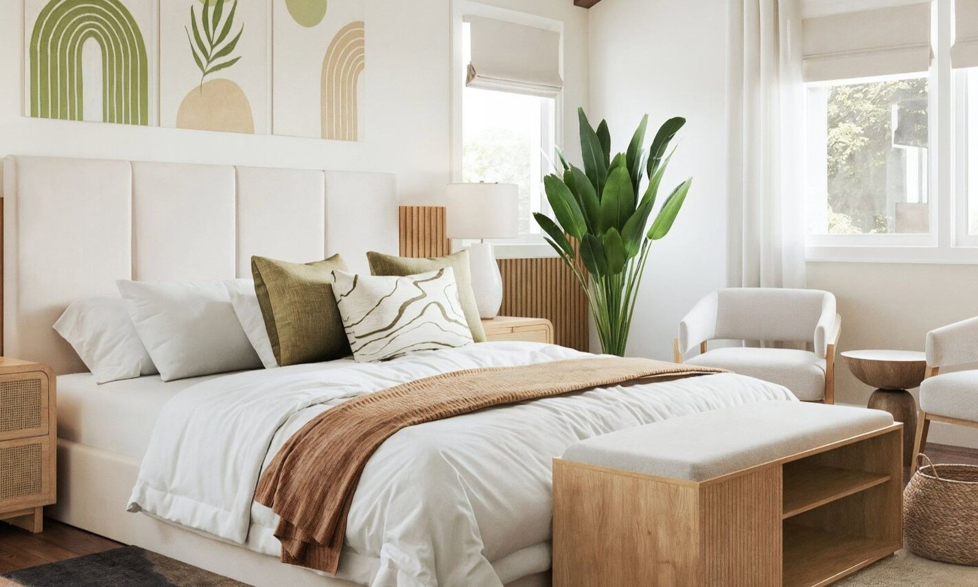Modern Earthy Bedroom Design with Natural Accents by affordable Hartford interior designers