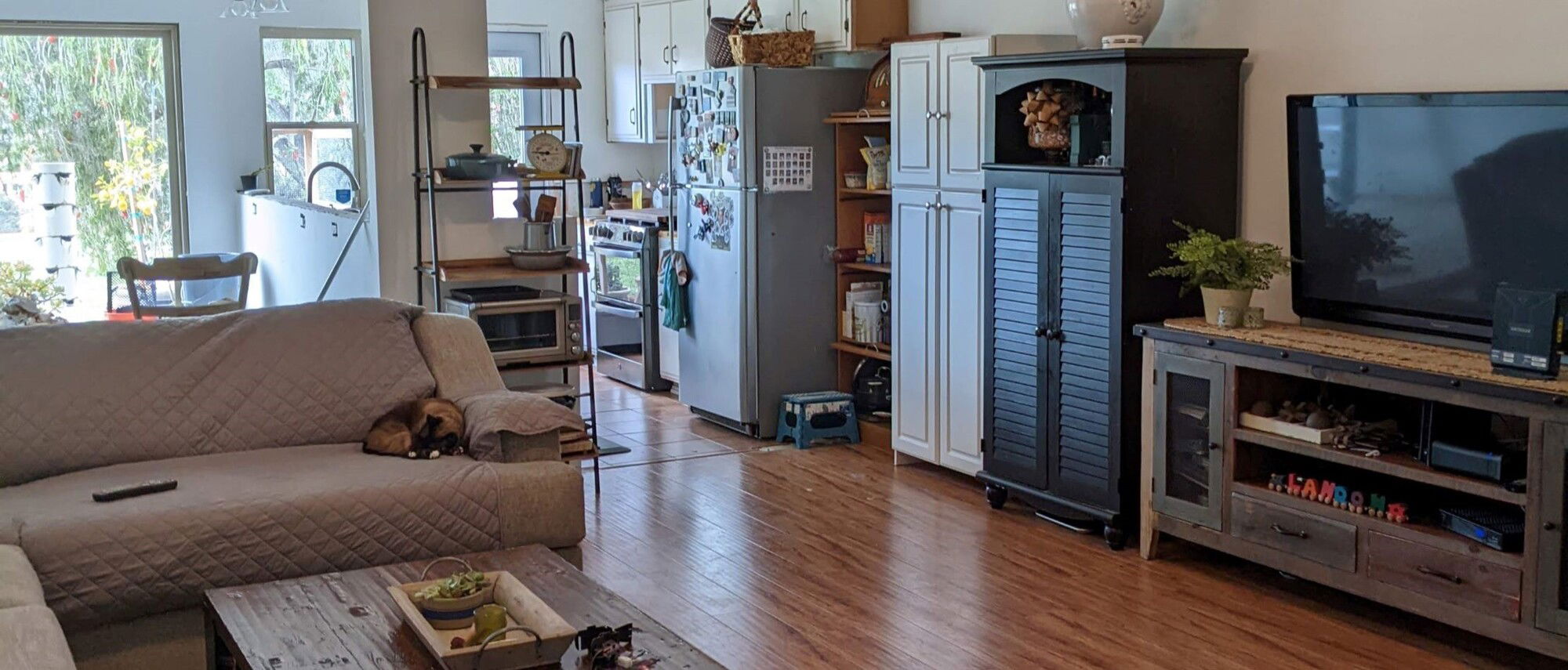 Transitional Open Plan Living/Dining/Kitchen- Before Photo