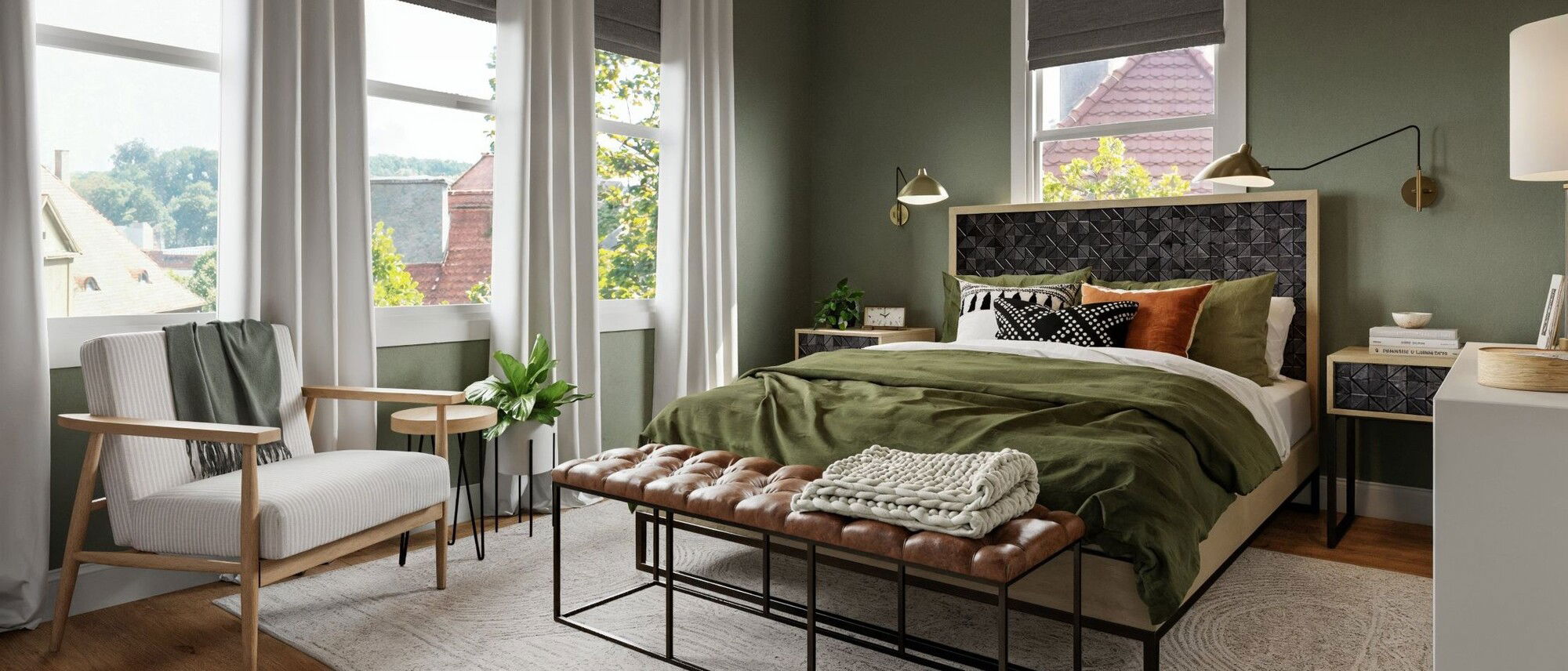 Diseño de dormitorio verde relajante - Renderizado después