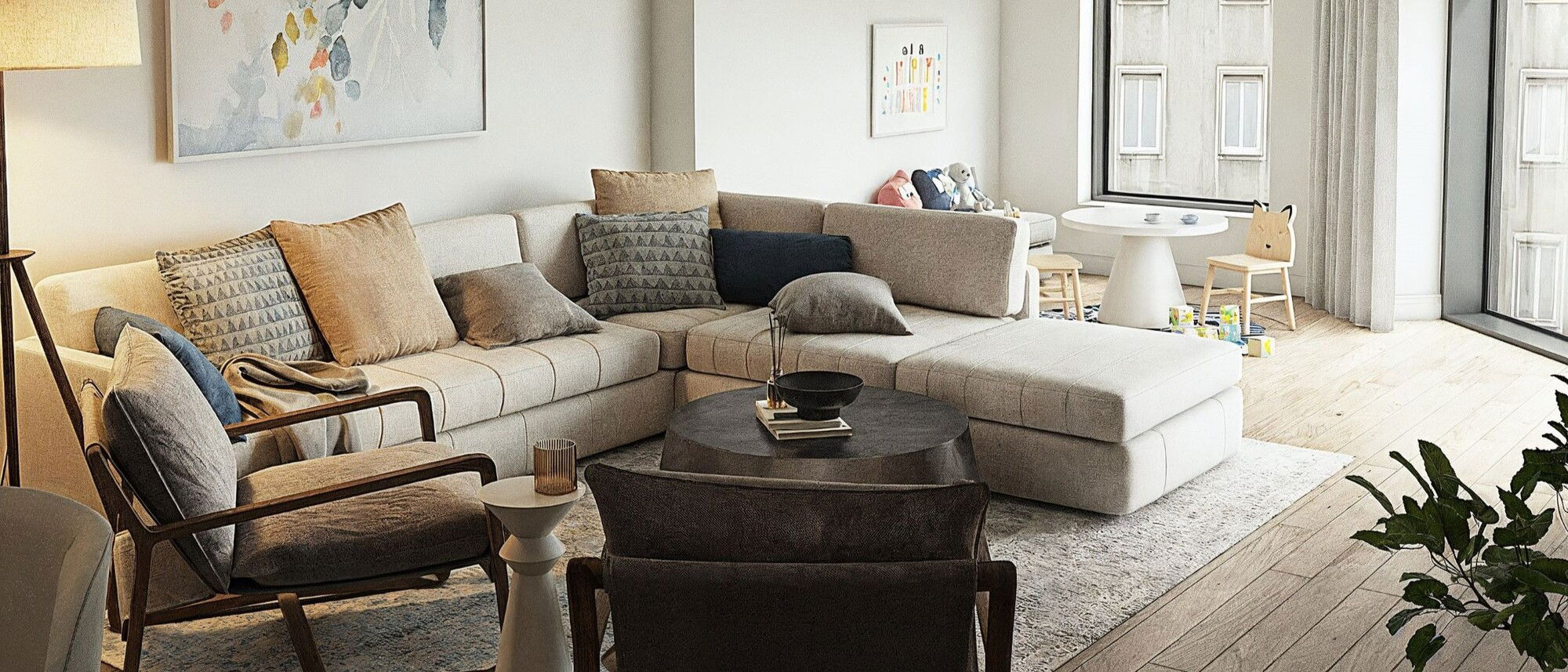 Hogar Contemporáneo Relajado con Pisos de Madera Dura - Renderizado Después