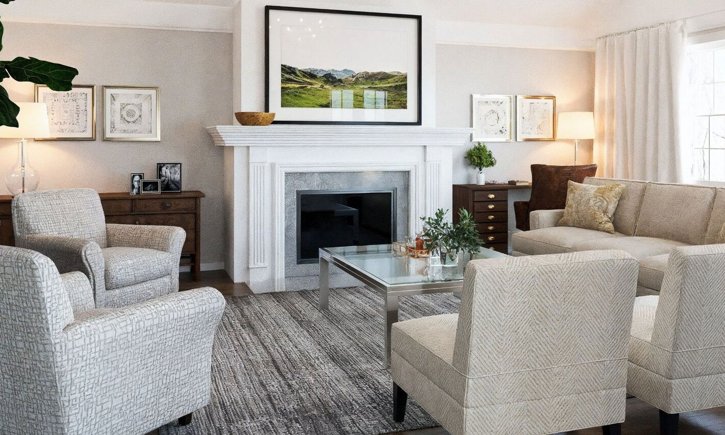 Clean Transitional Family Room and Dining Nook by affordable Detroit interior designers