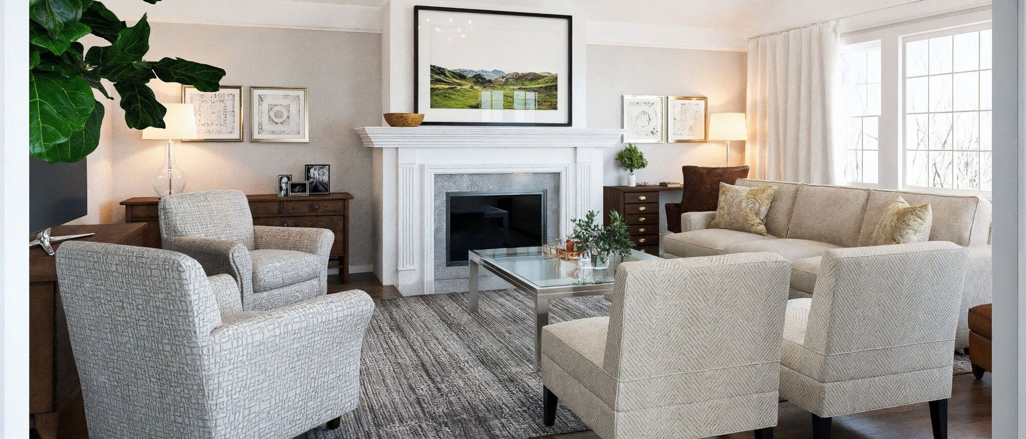 Clean Transitional Family Room and Dining Nook by interior designers in Warren, Michigan