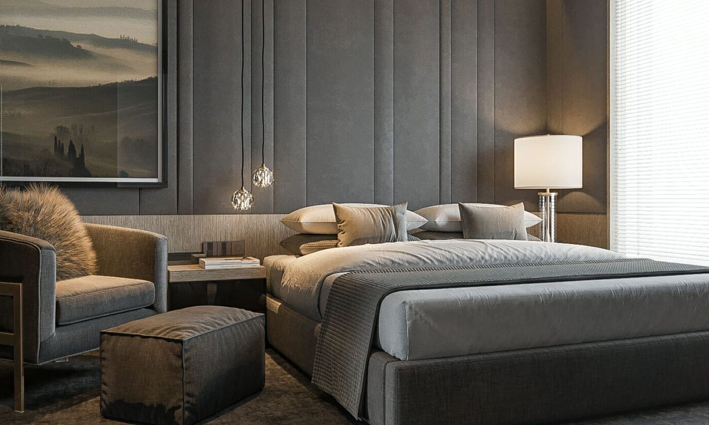 Luxury & Cozy Masculine Bedroom Interior Design by interior designers in Orange County, California