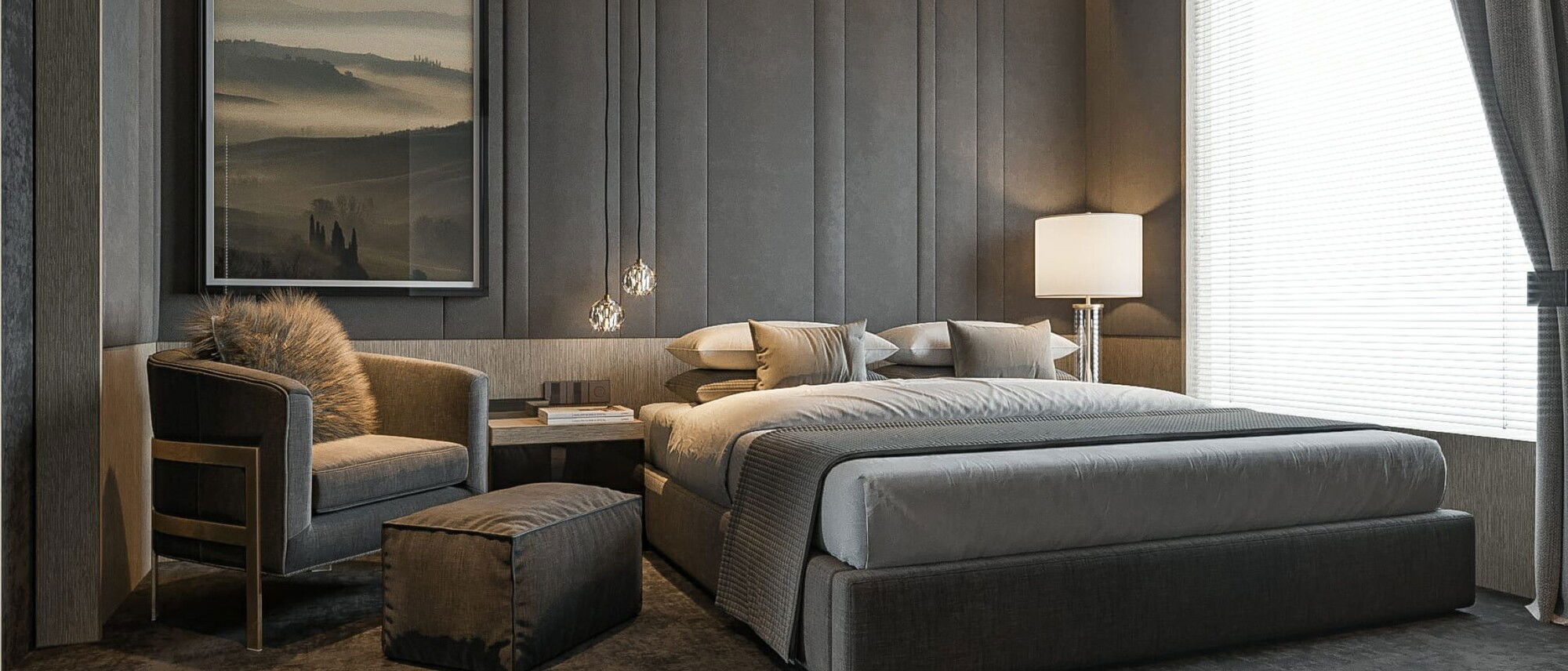 Luxury & Cozy Masculine Bedroom Interior Design by interior designers in Orange County, California