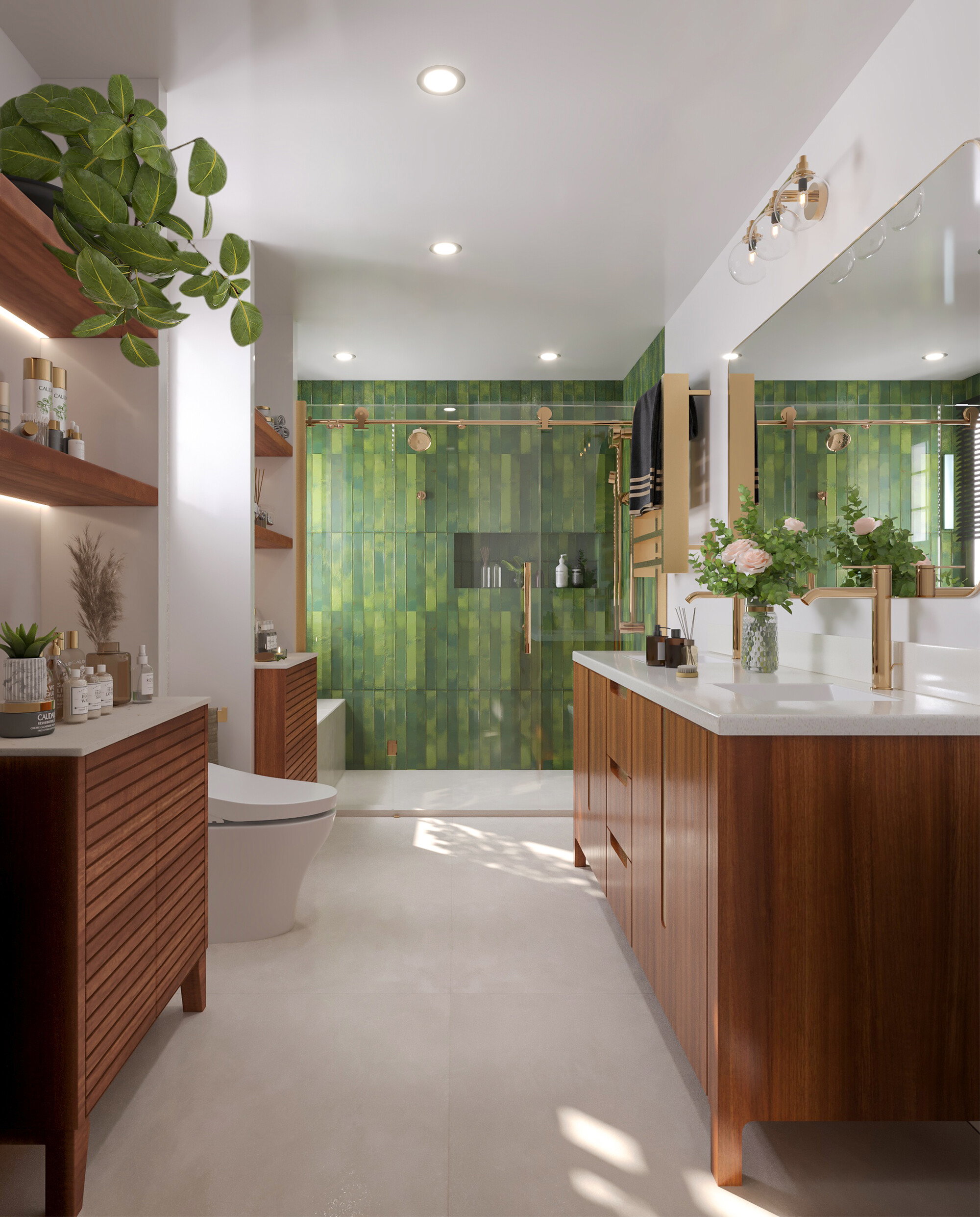 Renderización de la renovación de baño inspirado en la naturaleza moderna