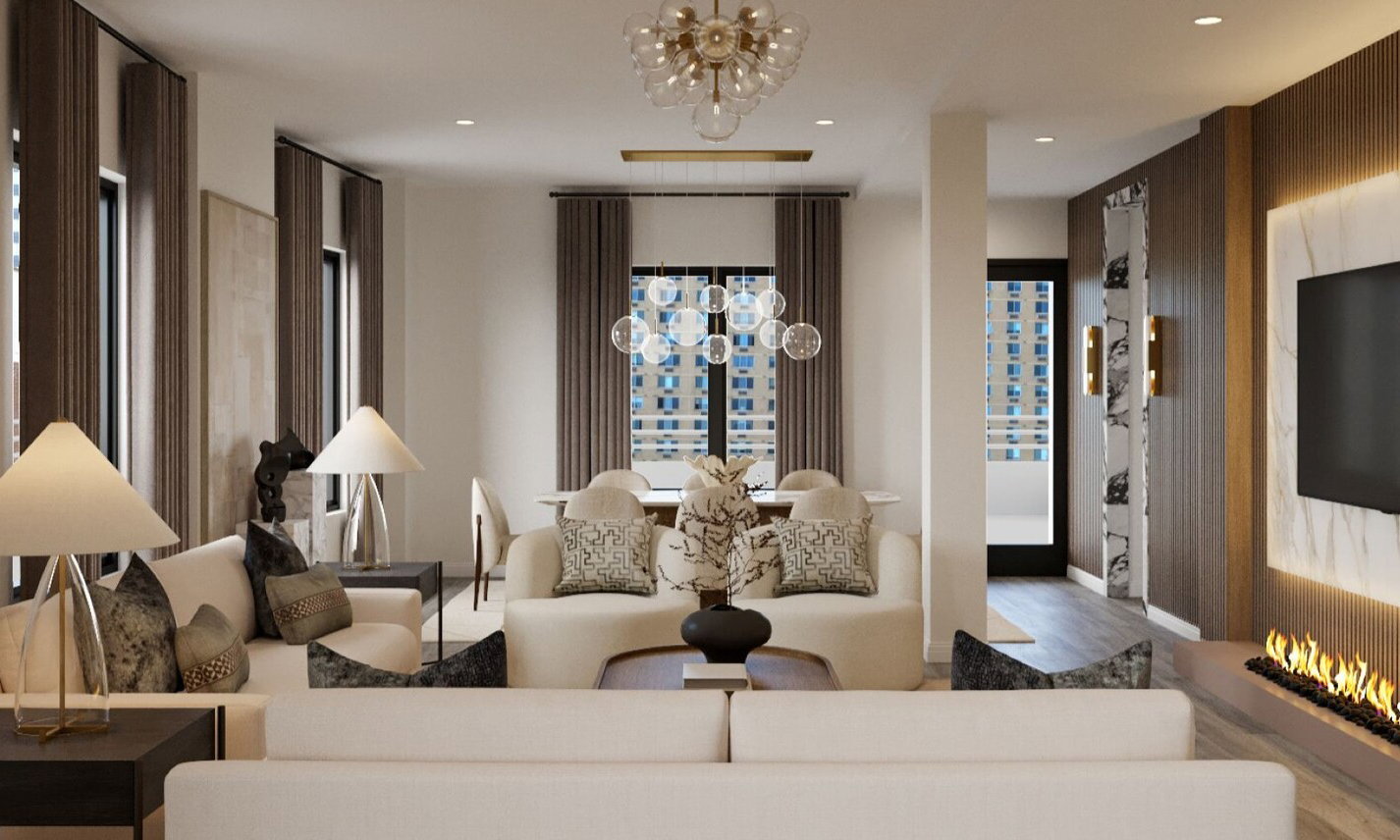 Modern Luxury Combined Living & Dining Design by affordable Bethesda interior designers