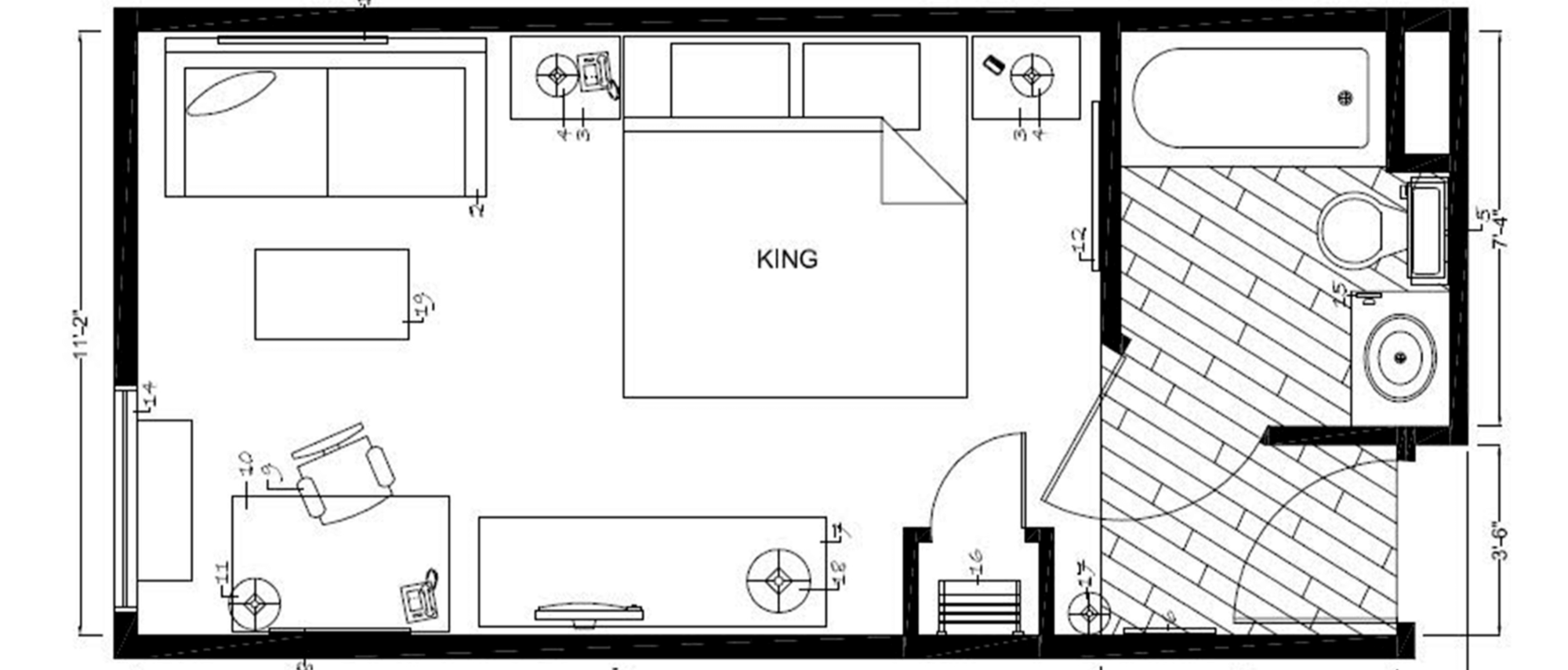 Habitación y baño de hotel boutique - Foto antes