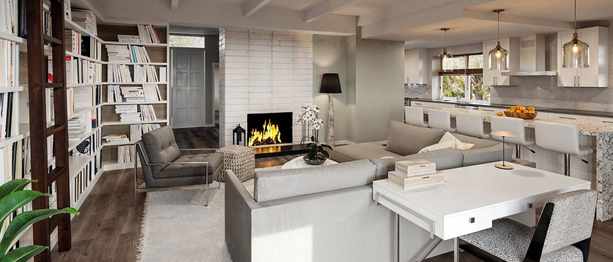 Diseño de Interior de Cocina y Sala de Estar Blanca- Renderizado Después