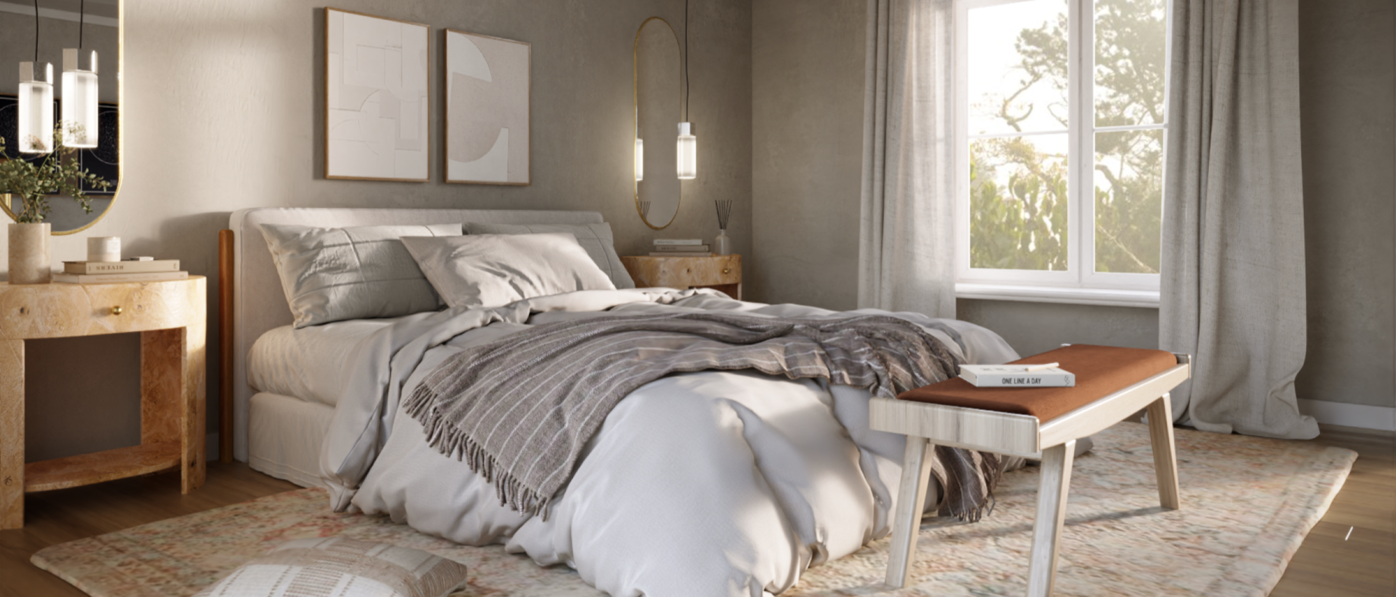Diseño de dormitorio calmante y suave - Renderizado después