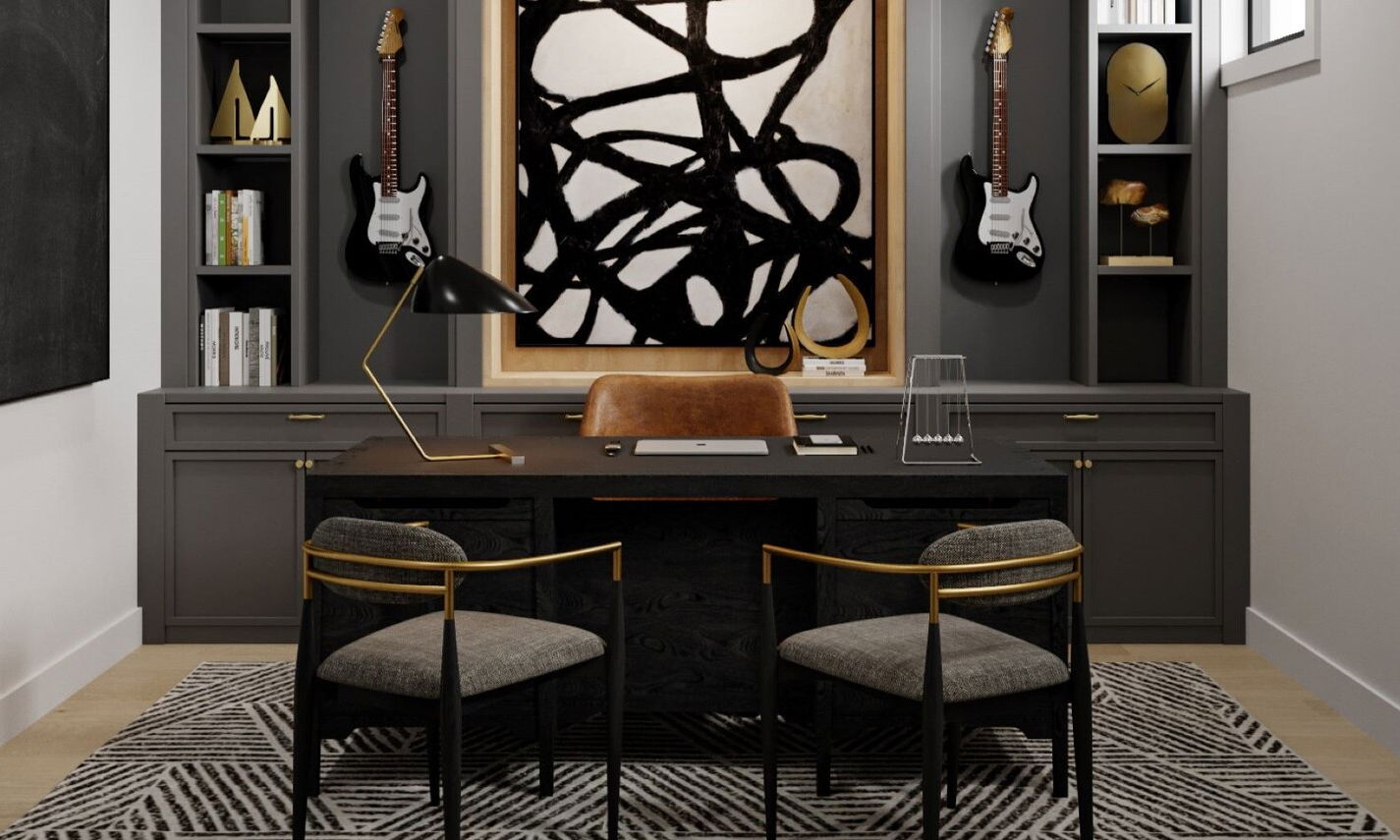 Black Masculine Basement Office Design by interior designers in Elgin, Illinois