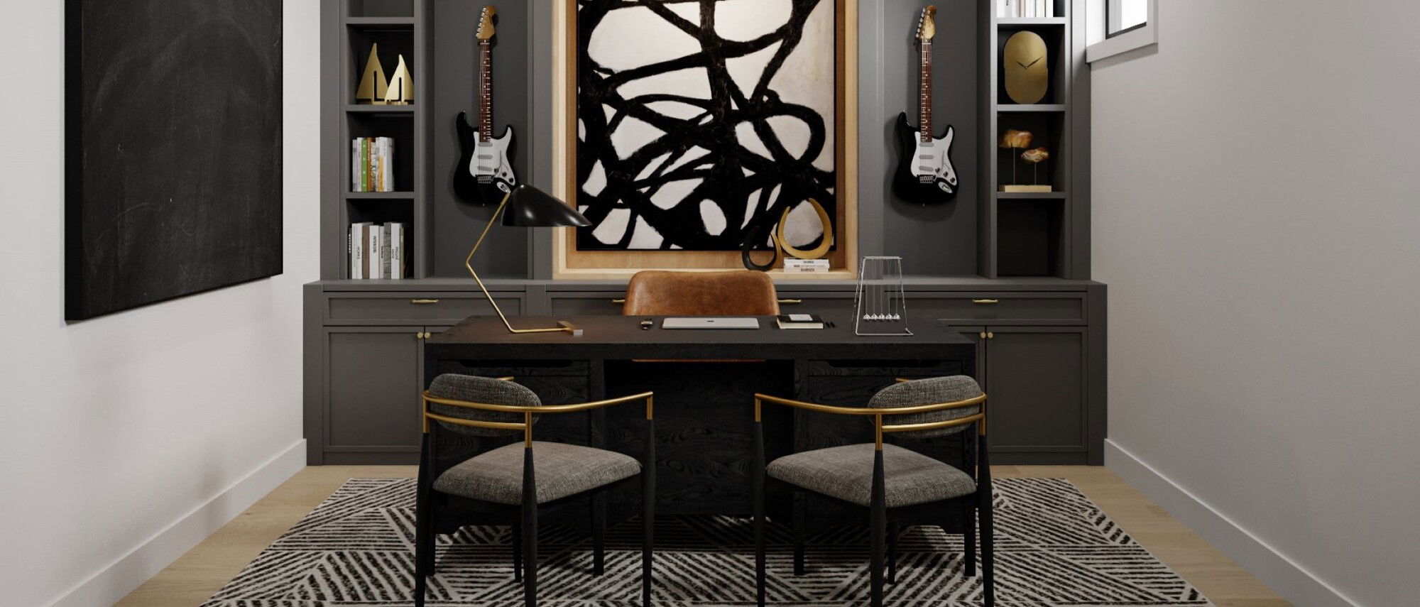 Black Masculine Basement Office Design by interior designers in Winnetka, Illinois