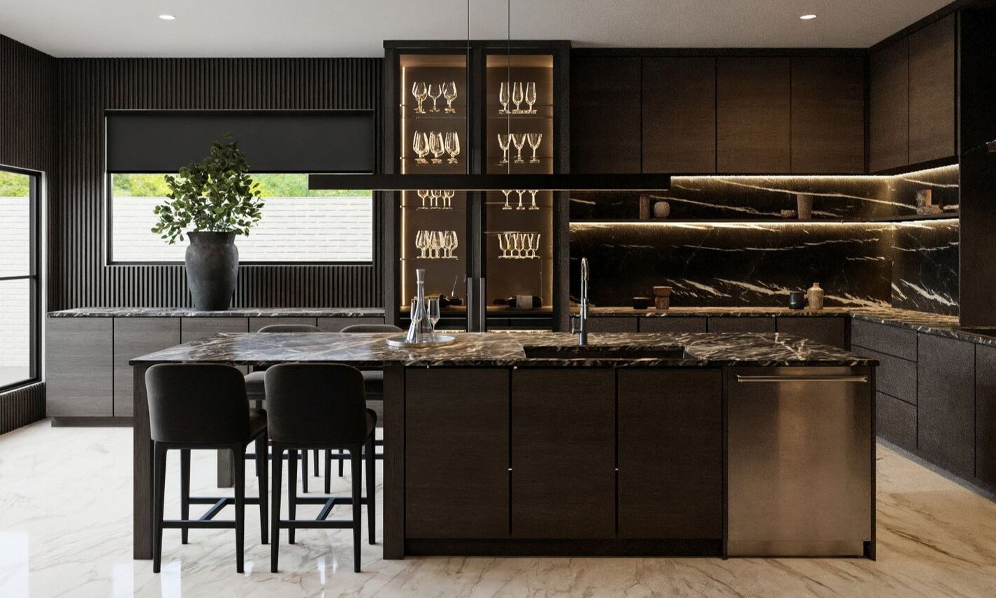 Masculine Kitchen, Bar & Bathroom Renovation by interior designers in Houston, Texas