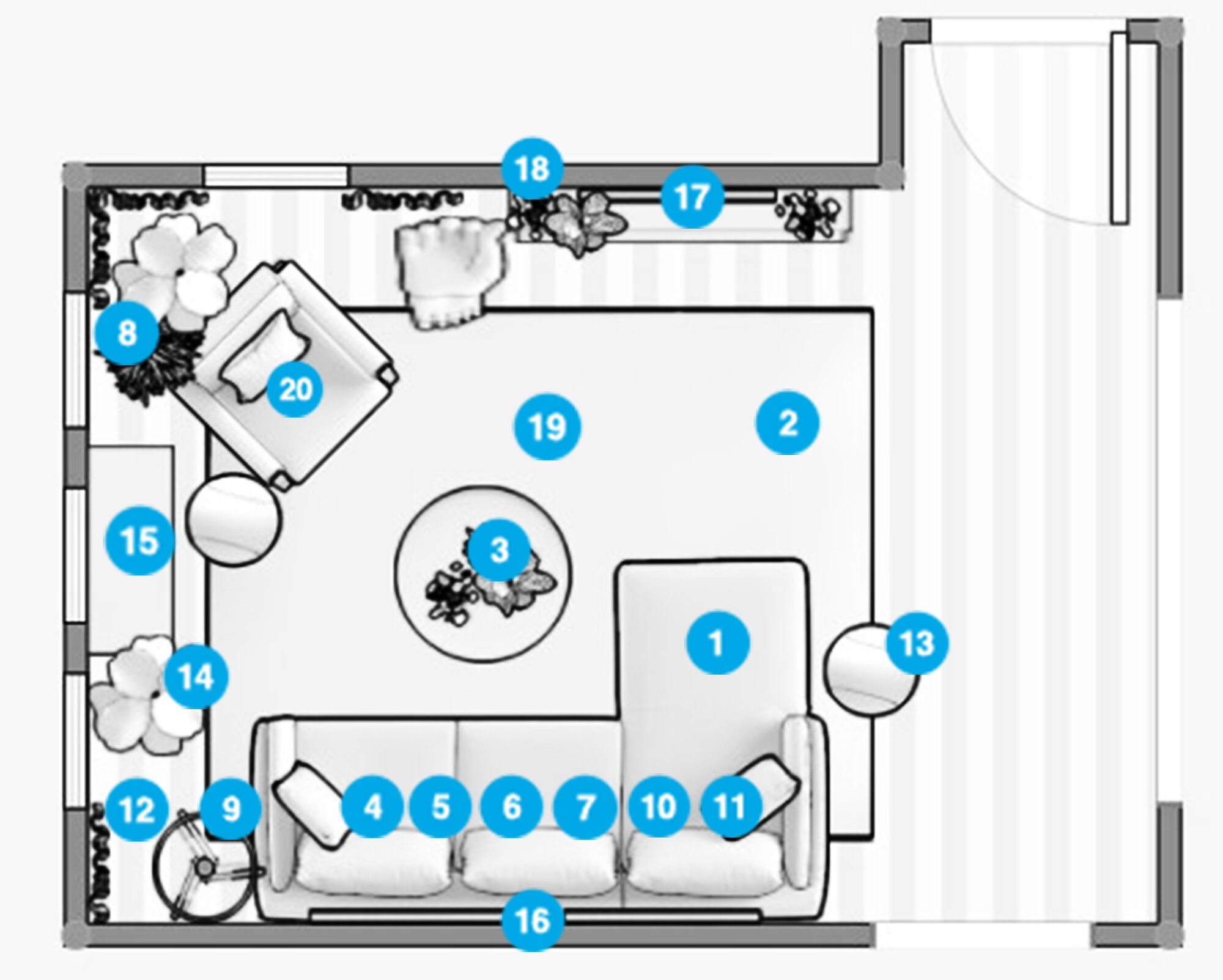 Plano de planta de sala de estar en línea