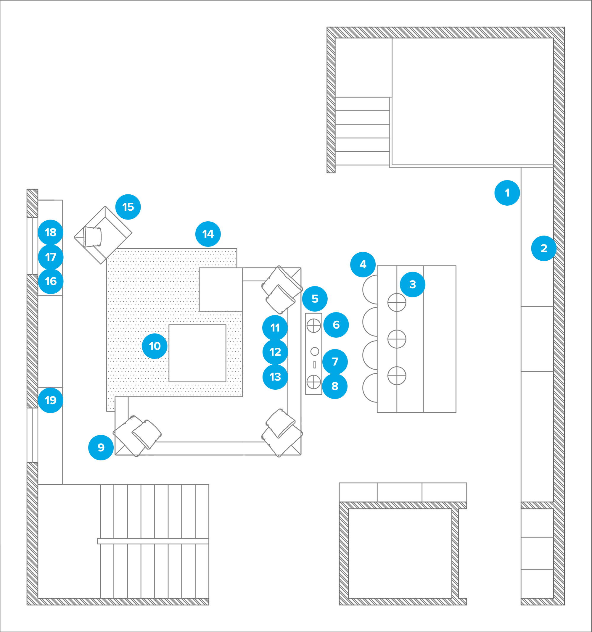 Plano de planta de sala de estar en línea