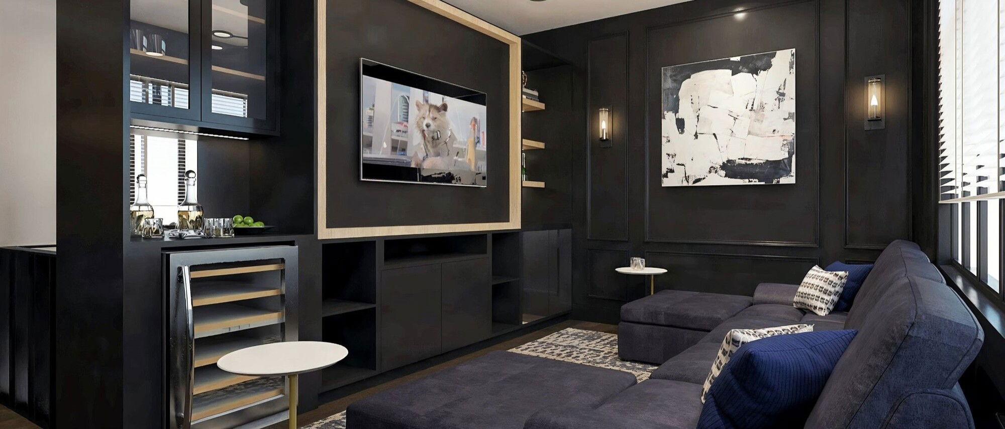 Diseño de oficina moderna contemporánea y sala de medios - Renderizado después