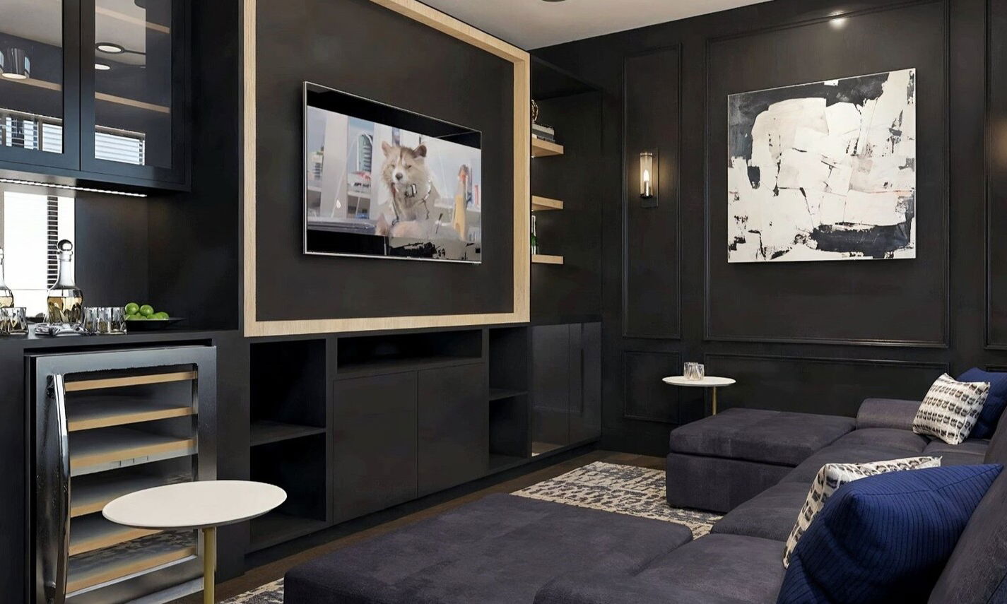 Contemporary Modern Office and Media Lounge Design by affordable Wilmington interior designers