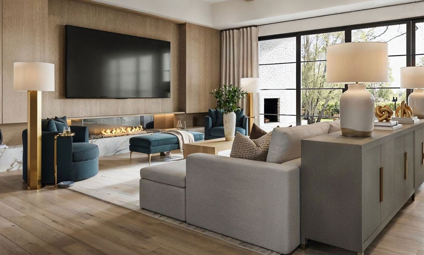 Interior moderno y elevado para una casa de nueva construcción por diseñadores de interiores asequibles de Pearland