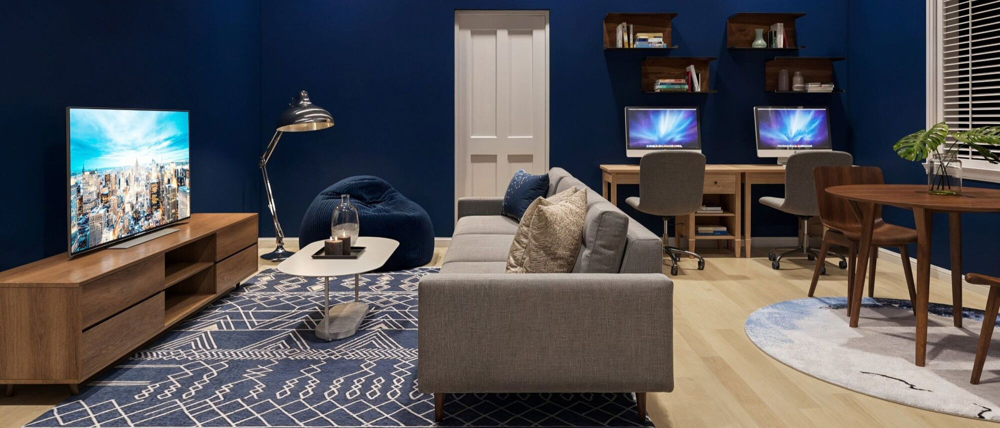 Living room and Play Room With Blue Accents- After Rendering