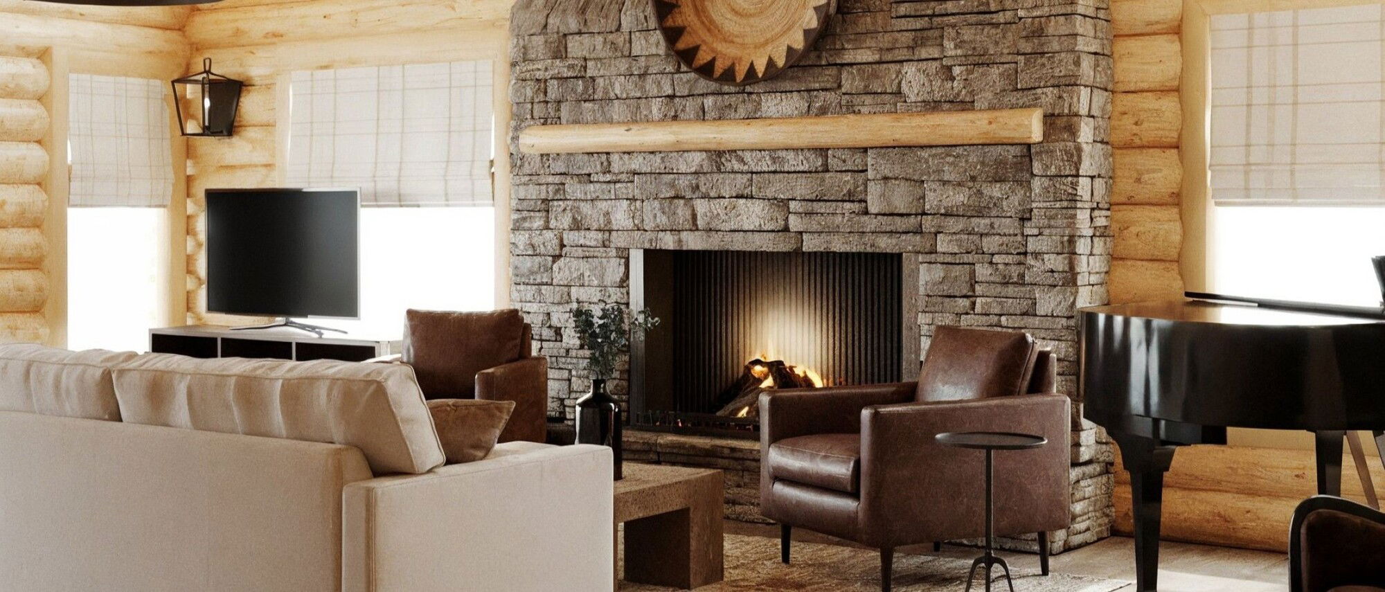 Refined Rustic Living Room with Grand Piano- After Rendering